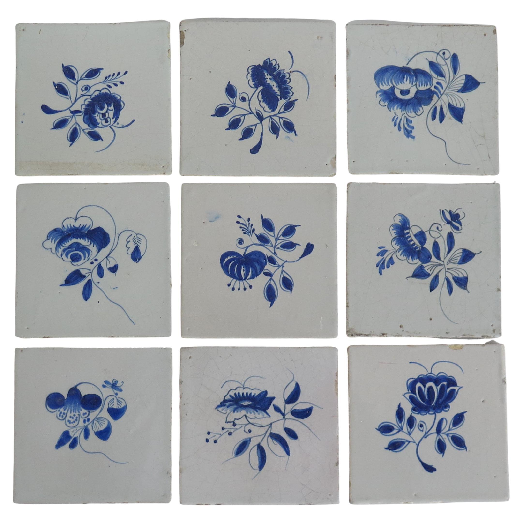 NINE 18th Century Delft Wall Tiles Blue & White Flowers & Insects Netherlands