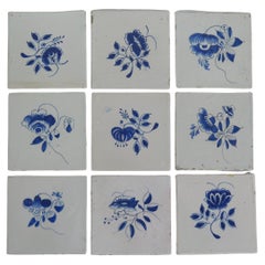 Antique NINE 18th Century Delft Wall Tiles Blue & White Flowers & Insects Netherlands