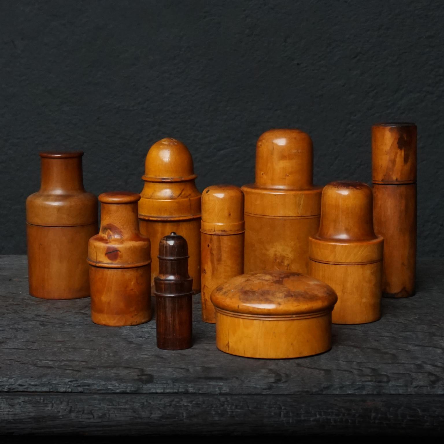 Victorian Nine 19th Century Treen Ware Boxwood Medical Oil Ointment Lotion Bottle Holders