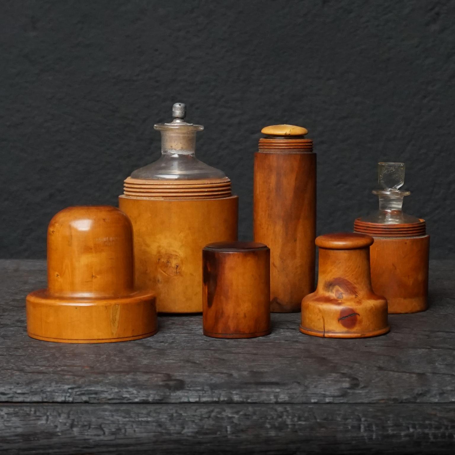 Turned Nine 19th Century Treen Ware Boxwood Medical Oil Ointment Lotion Bottle Holders