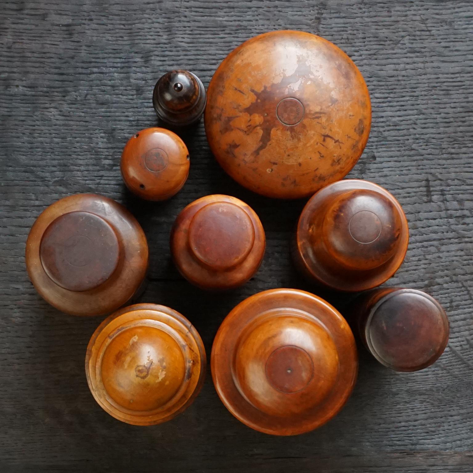 Glass Nine 19th Century Treen Ware Boxwood Medical Oil Ointment Lotion Bottle Holders