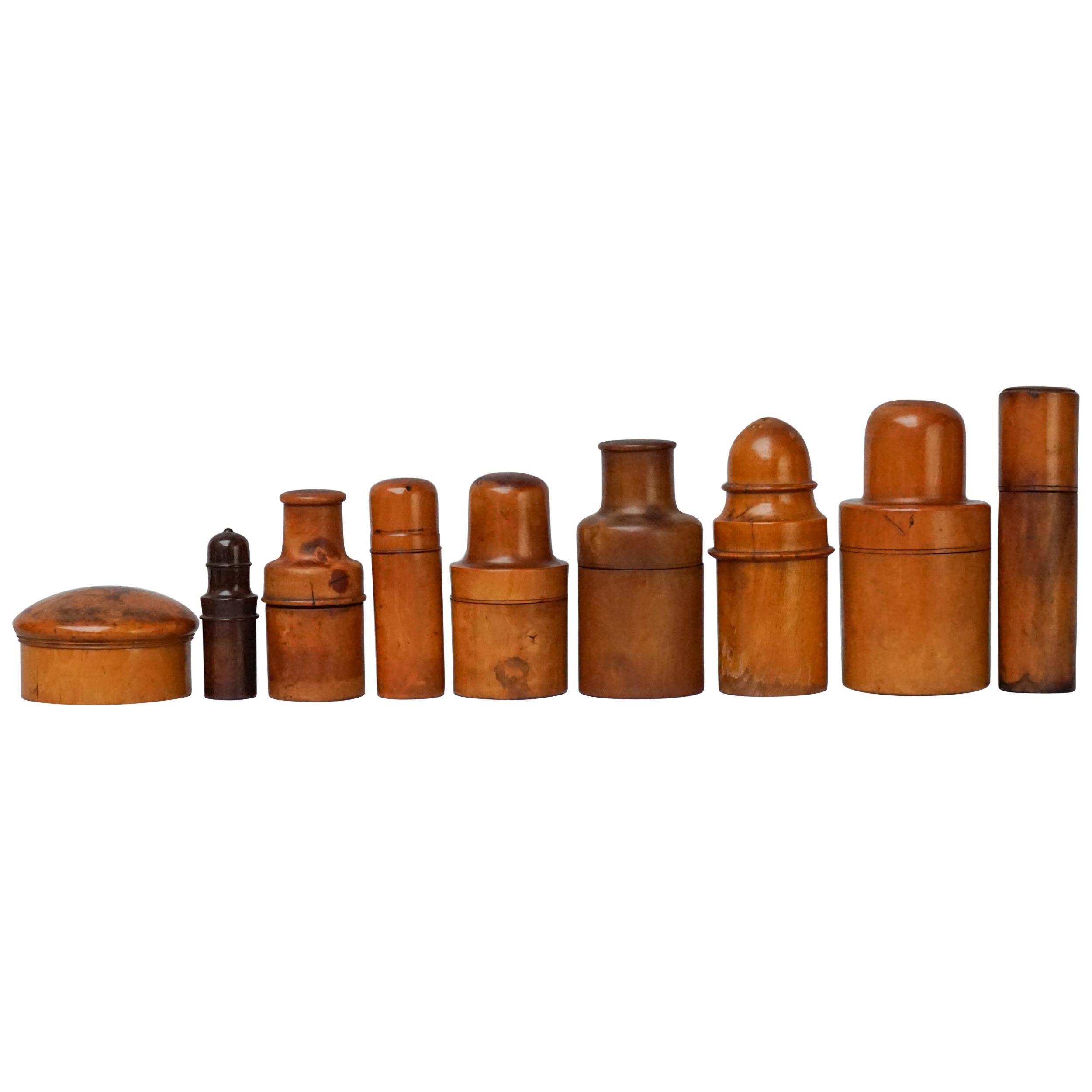 Nine 19th Century Treen Ware Boxwood Medical Oil Ointment Lotion Bottle Holders