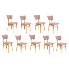Neuf chaises de salle à manger papillon du XXe siècle, laine rose, bois clair, Europe, années 1960