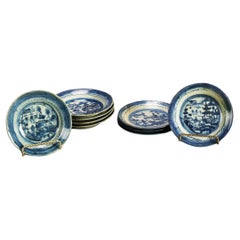 Nine Antique Canton Blue & White Porcelain Saucers C1880