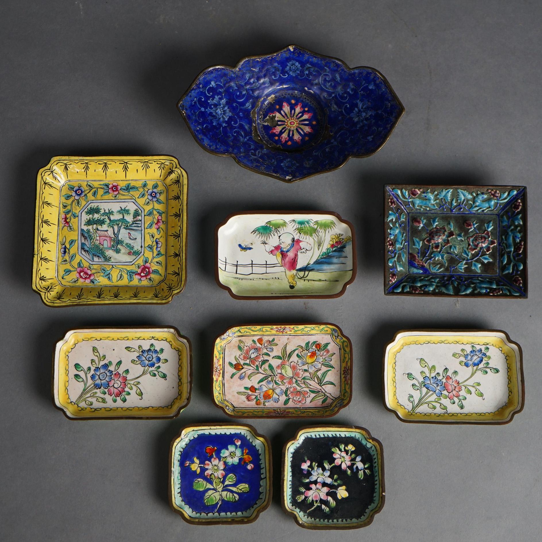 Nine Antique Chinese Cloisonne Enameled Saucers C1920

Measures - larges 1.5