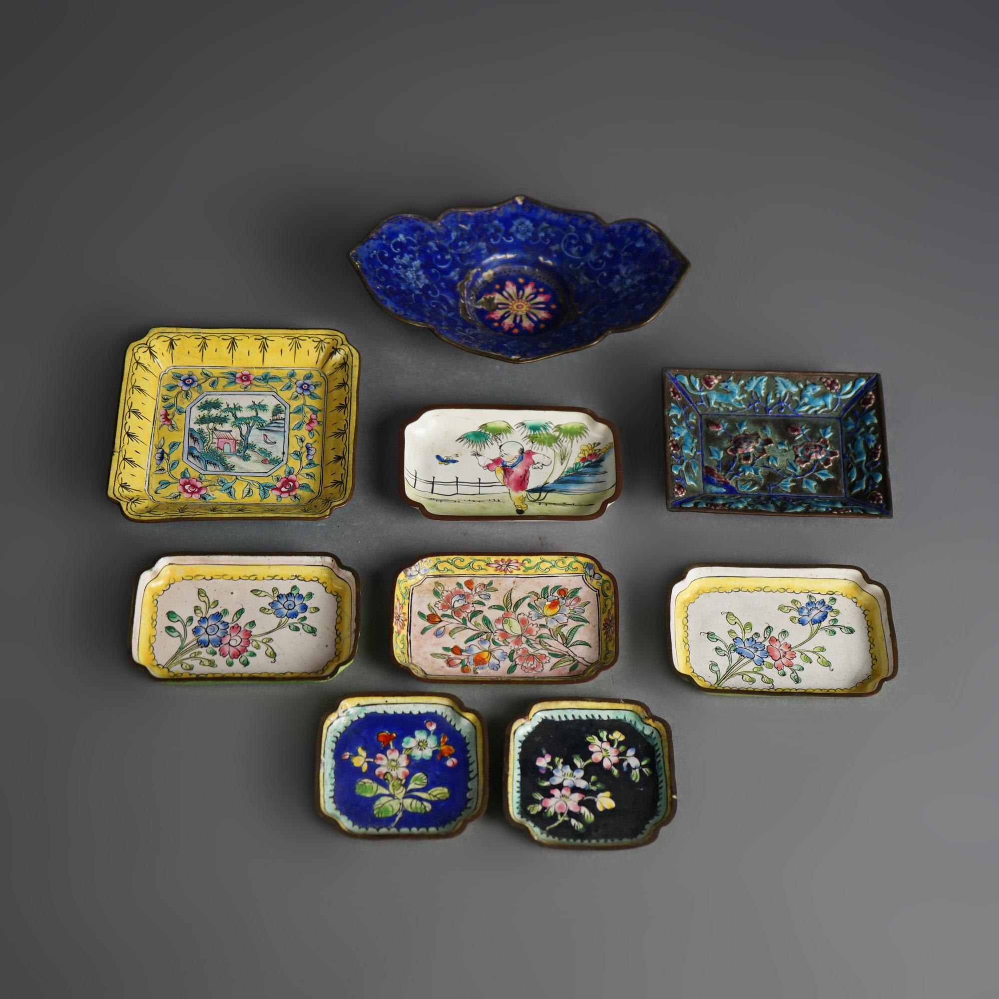 Asian Nine Antique Chinese Cloisonne Enameled Saucers C1920