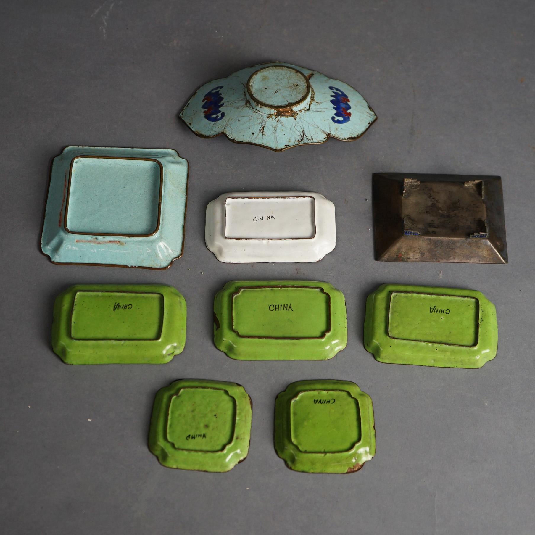 Nine Antique Chinese Cloisonne Enameled Saucers C1920 In Good Condition In Big Flats, NY