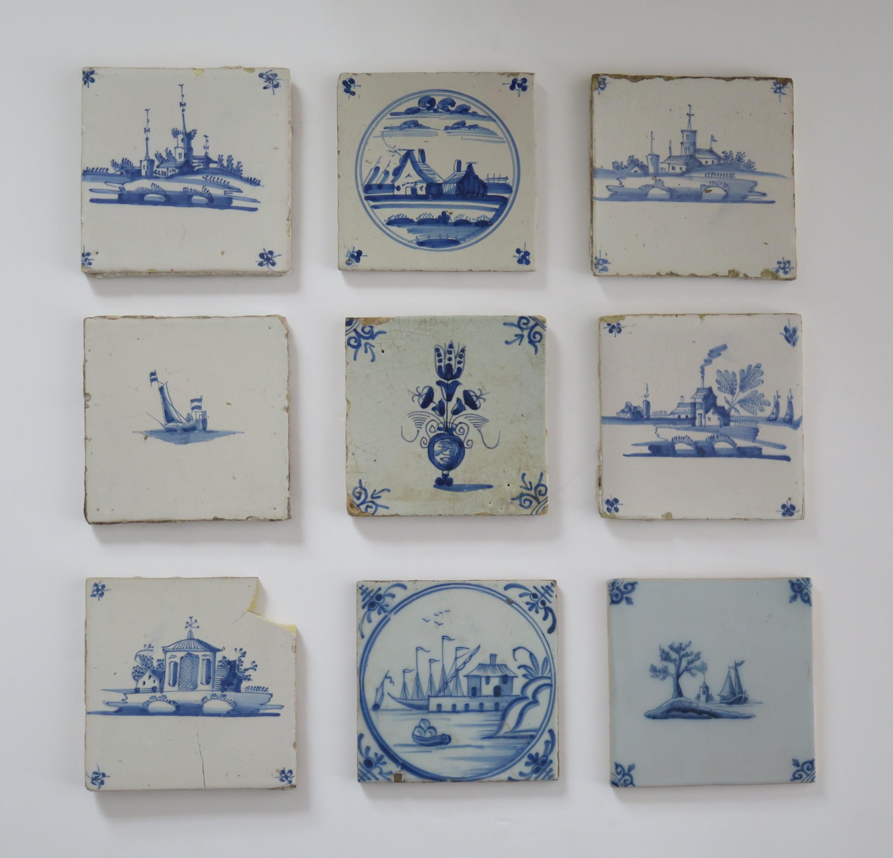 These are NINE Delft ceramic wall tiles, all with different blue and white hand painted patterns, made in the Netherlands, from the 19th Century to the 17th Century, but mainly 18th Century.

Each tile is nominally slightly over 5 inches
