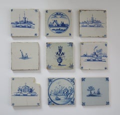 NINE antique Delft Wall Tiles Blue & White scenes,  Netherlands mainly 18th C