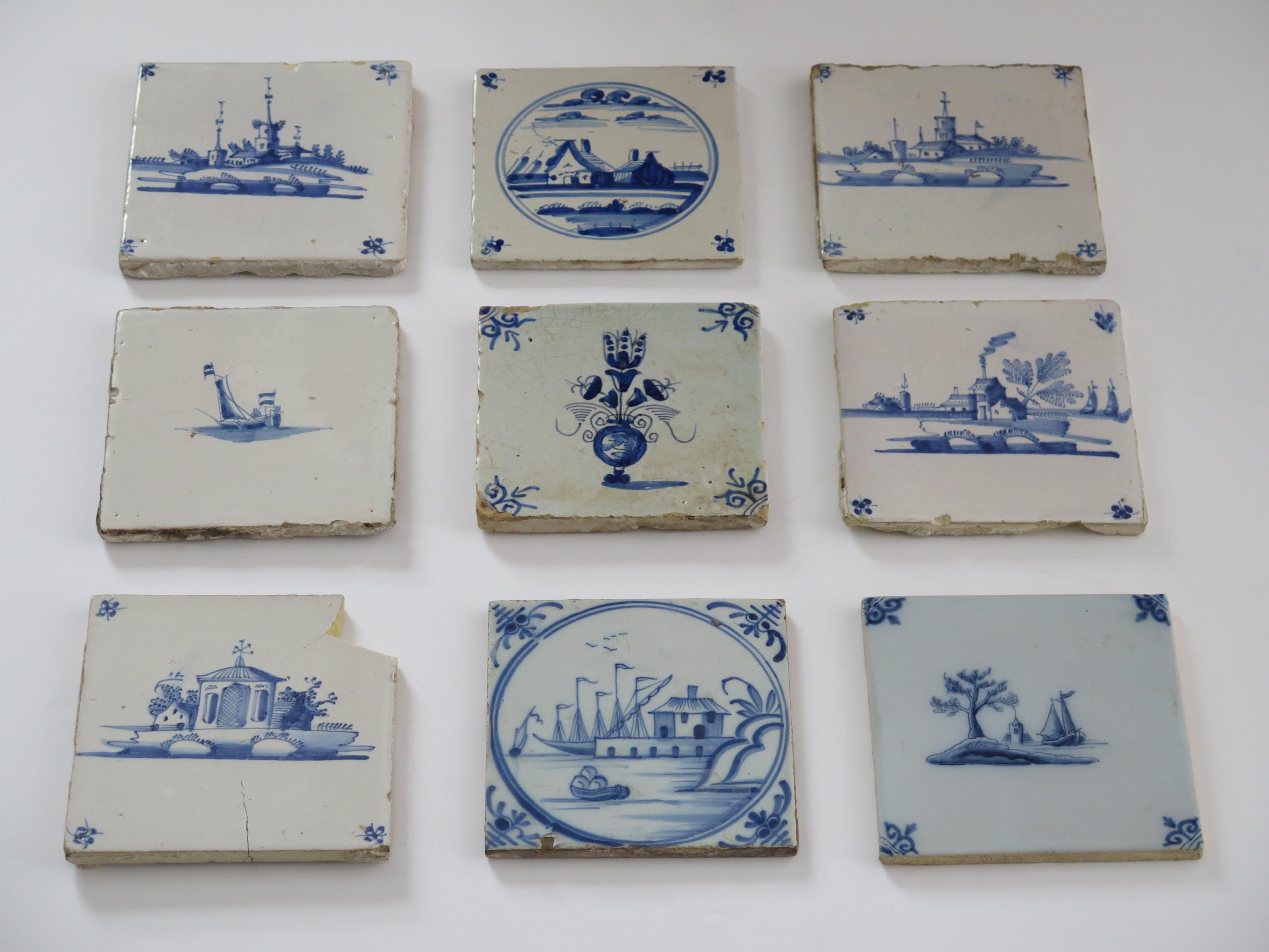 Dutch Colonial NINE antique Delft Wall Tiles Blue & White scenes,  Netherlands mainly 18th C For Sale
