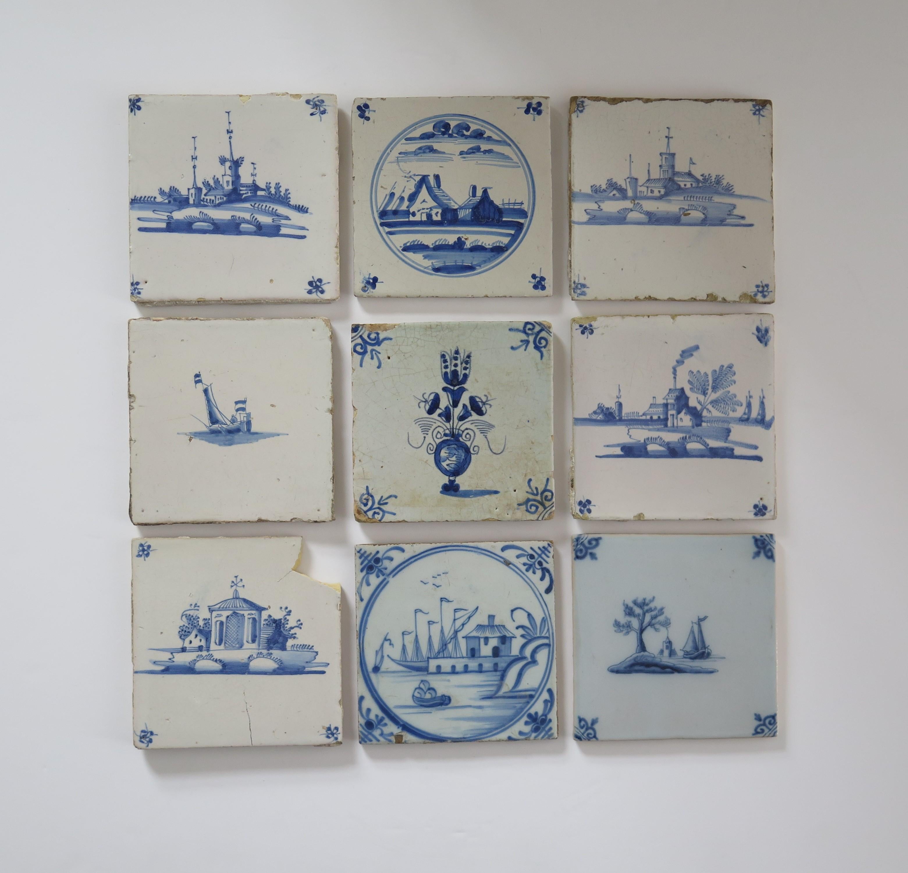 Dutch NINE antique Delft Wall Tiles Blue & White scenes,  Netherlands mainly 18th C For Sale