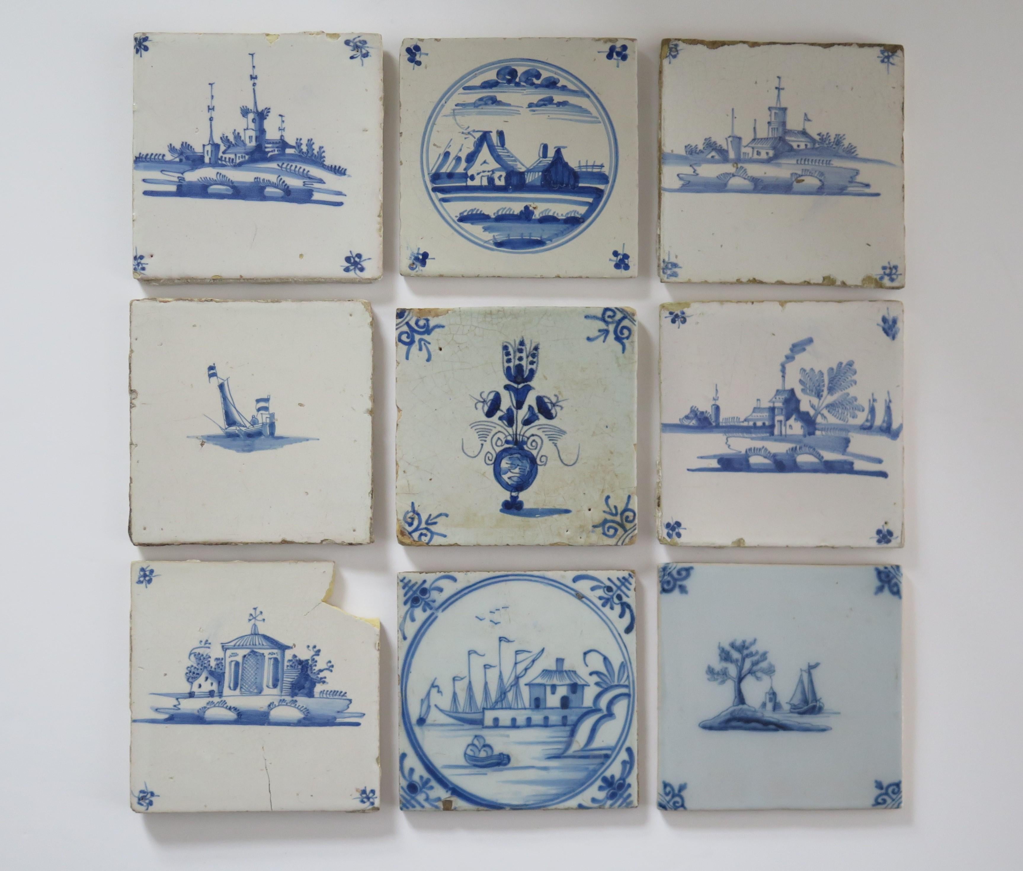 Hand-Painted NINE antique Delft Wall Tiles Blue & White scenes,  Netherlands mainly 18th C For Sale