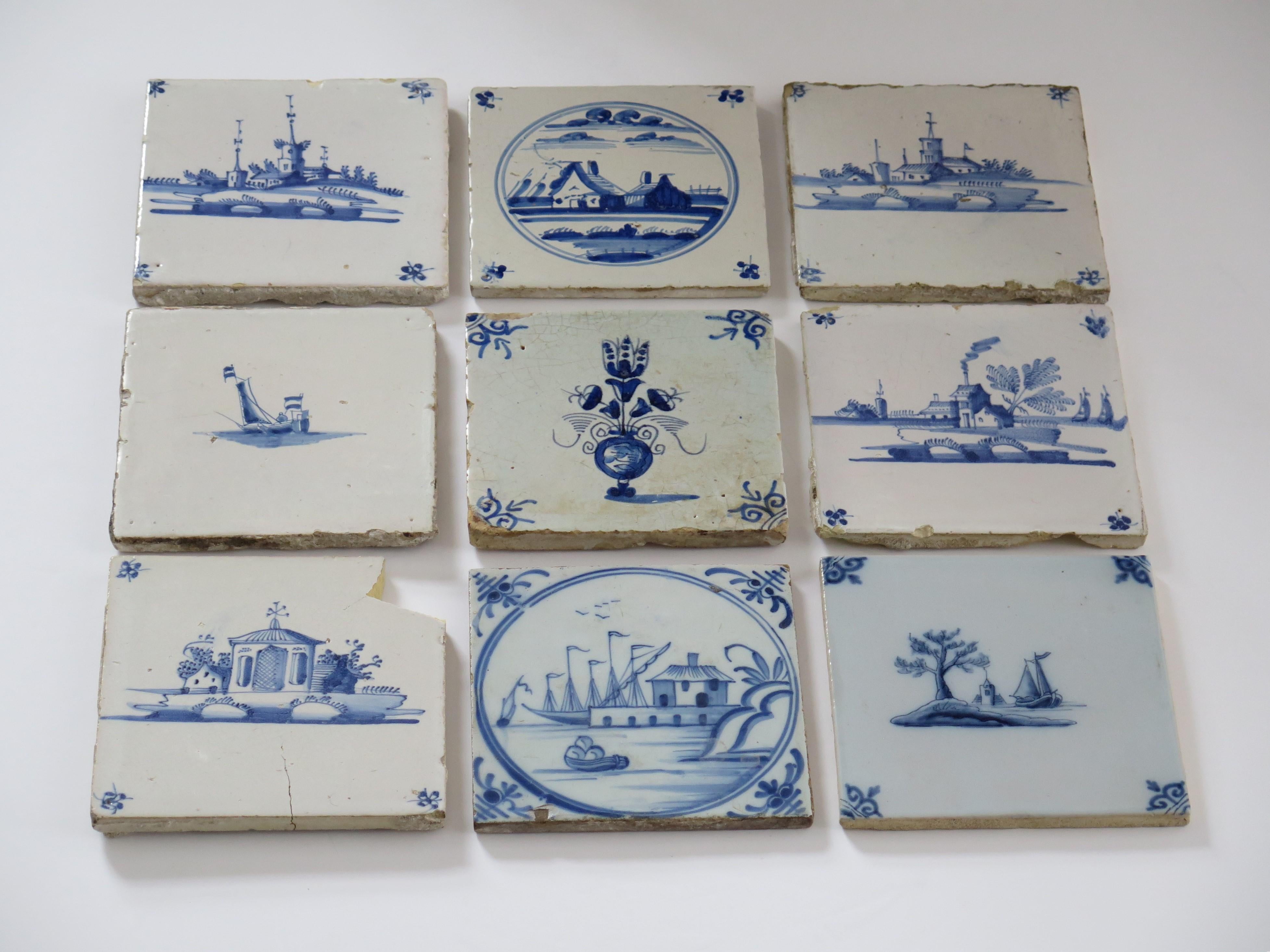 NINE antique Delft Wall Tiles Blue & White scenes,  Netherlands mainly 18th C In Fair Condition For Sale In Lincoln, Lincolnshire