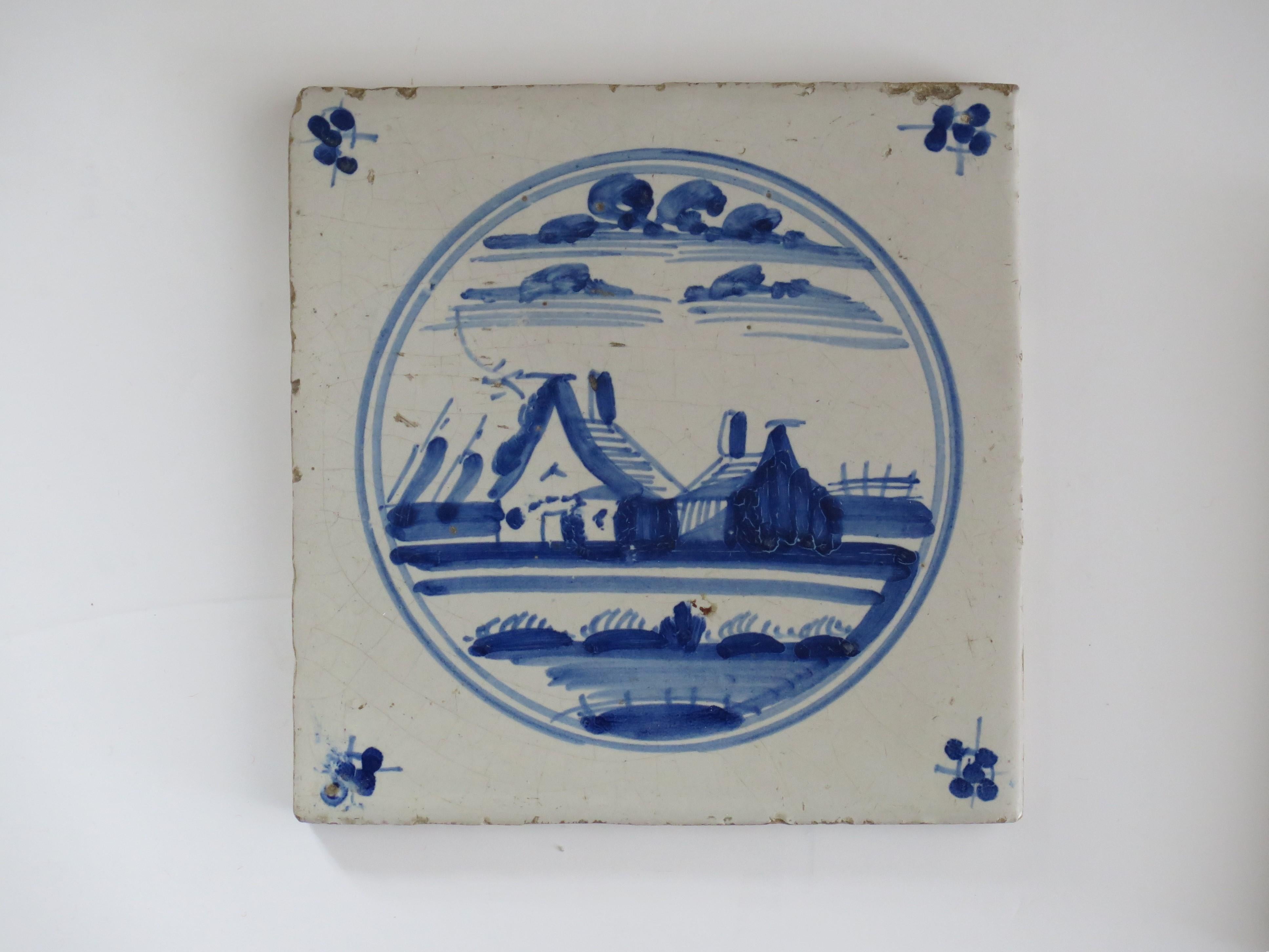 Earthenware NINE antique Delft Wall Tiles Blue & White scenes,  Netherlands mainly 18th C For Sale