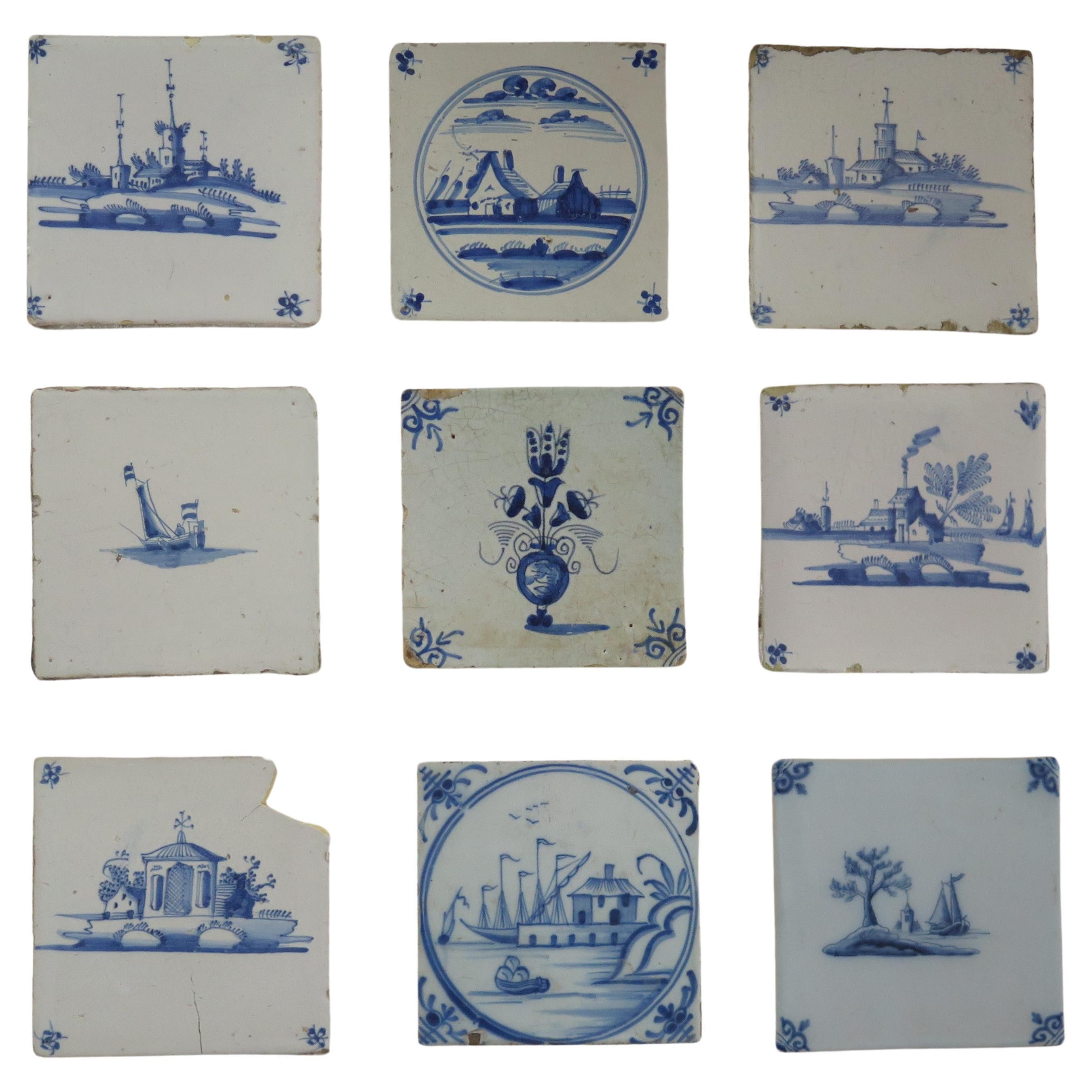 NINE antique Delft Wall Tiles Blue & White scenes,  Netherlands mainly 18th C For Sale