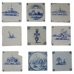 NINE Used Delft Wall Tiles Blue & White scenes,  Netherlands mainly 18th C