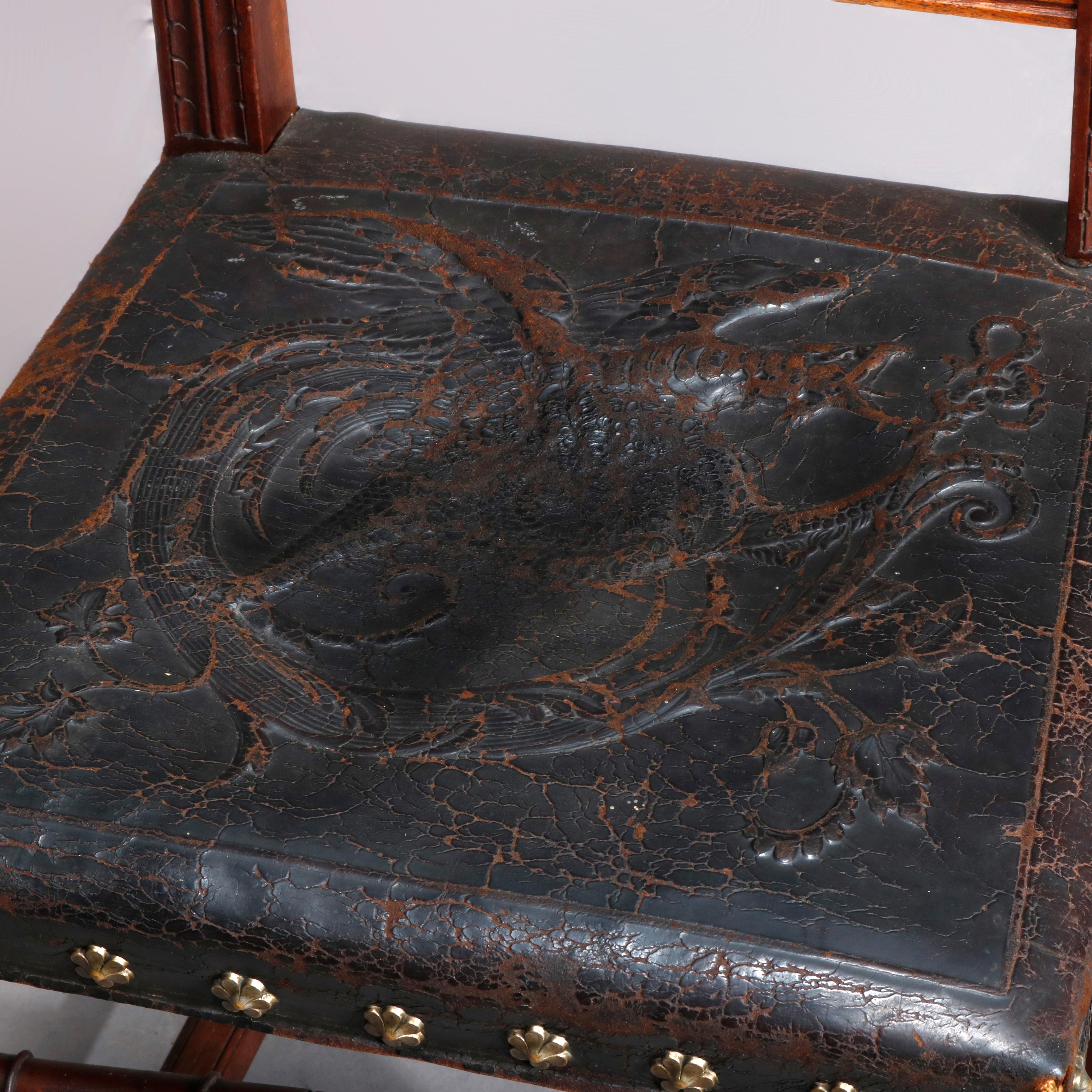 Nine Antique French Renaissance Dragon Embossed Leather and Walnut Chairs 6