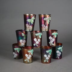 Nine Antique Northwood Purple Amethyst Hand Painted Carnival Glass Juice Glasses