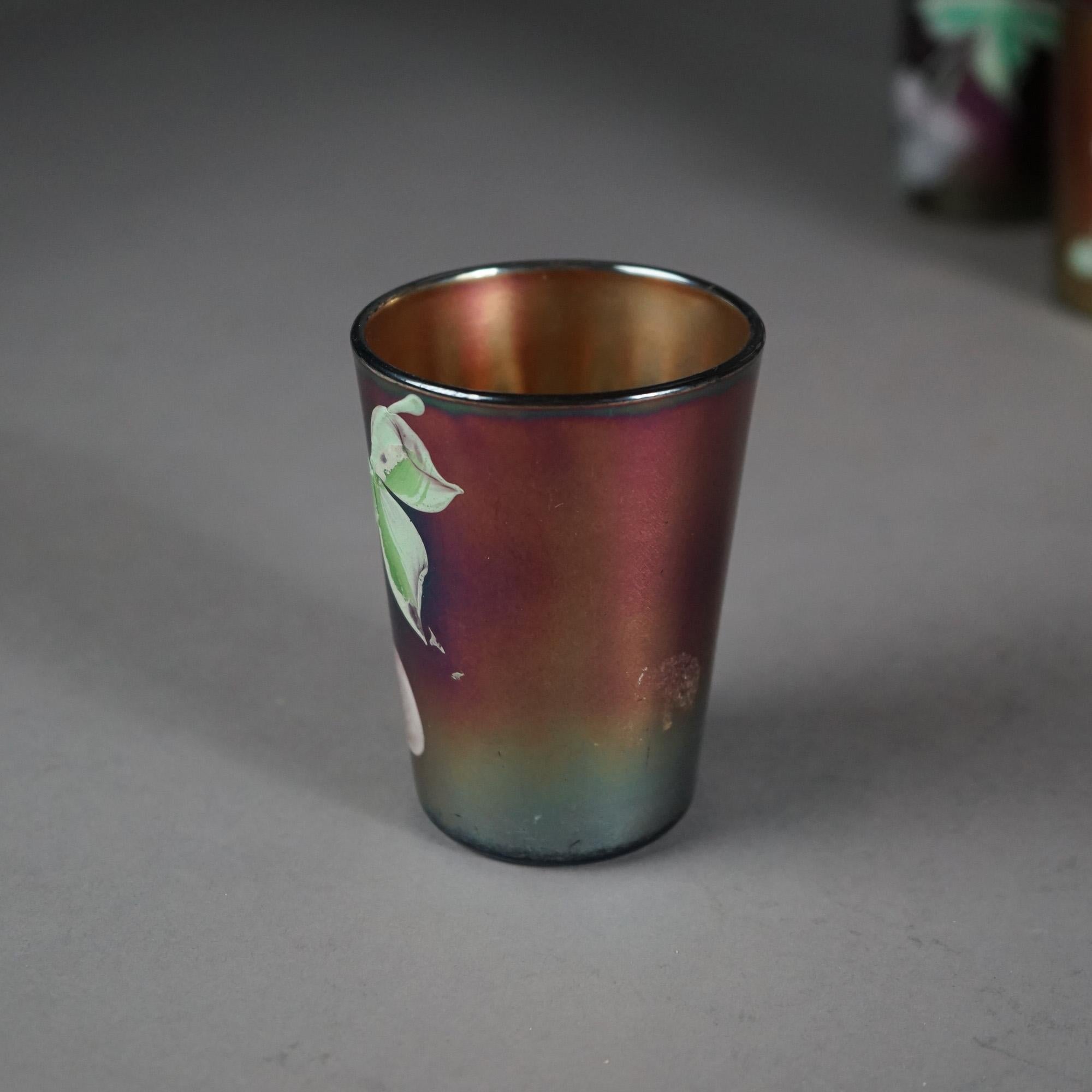 Hand-Painted Nine Antique Northwood Purple Amethyst Hand Painted Carnival Glass Juice Glasses