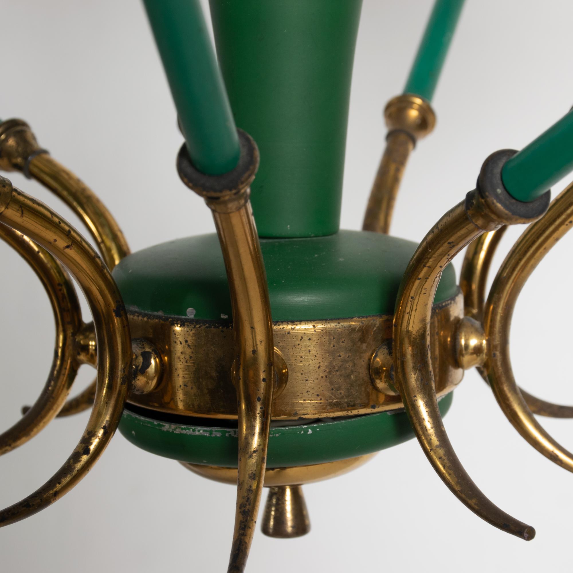 Nine-Arm Chandelier Emerald Green Patinated Brass & Glass Stilnovo, Italy, 1950s 1