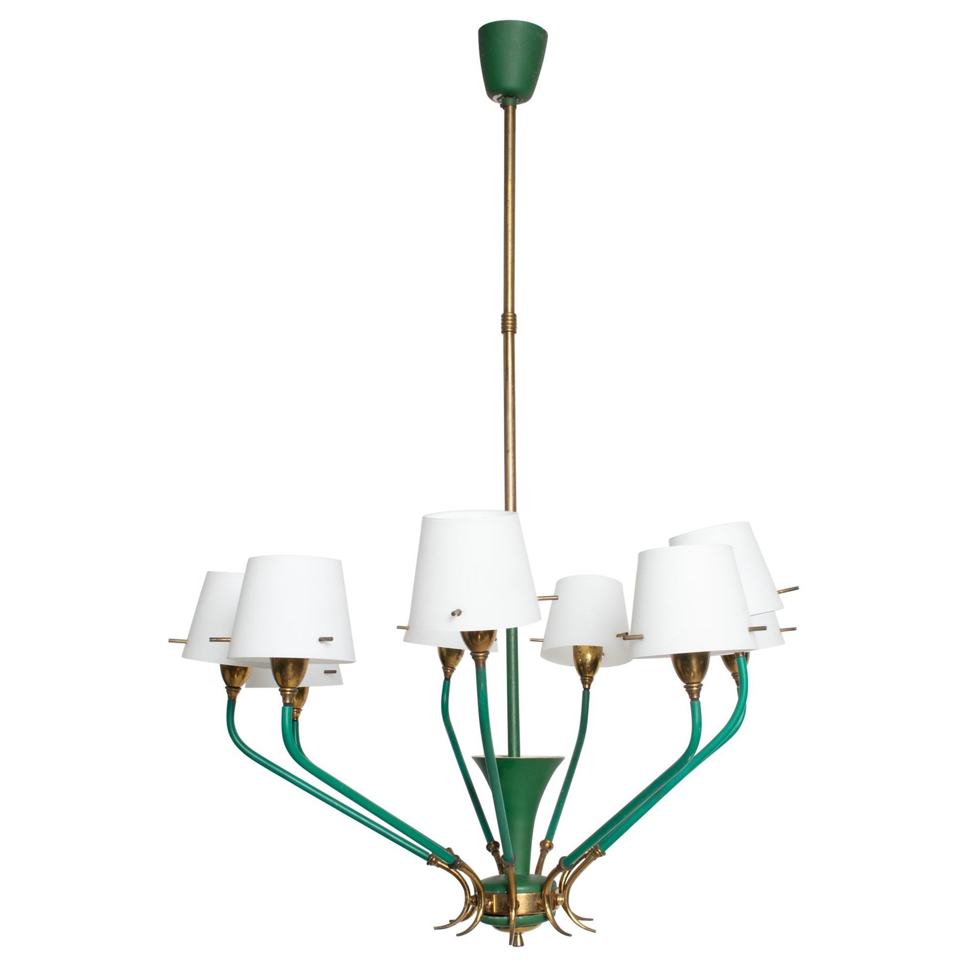 Nine-Arm Chandelier Emerald Green Patinated Brass & Glass Stilnovo, Italy, 1950s