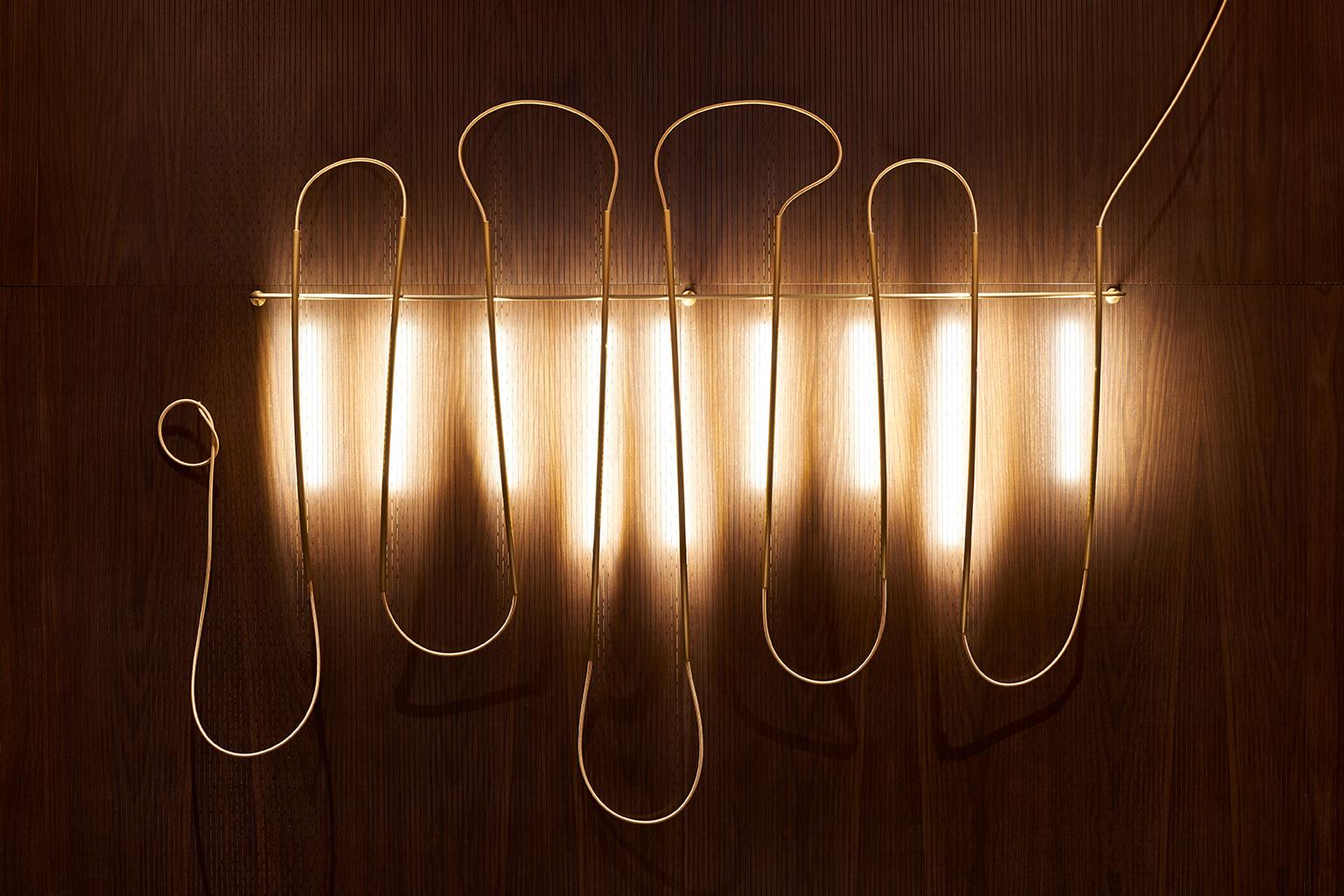 The line drawn lamp is a series of brass tubes, curved and slotted, and connected by a cloth cord. The slots hold LED's that shine back against the wall. Each bar can be adjusted, to change the density of light and shadow along the wall. As they are