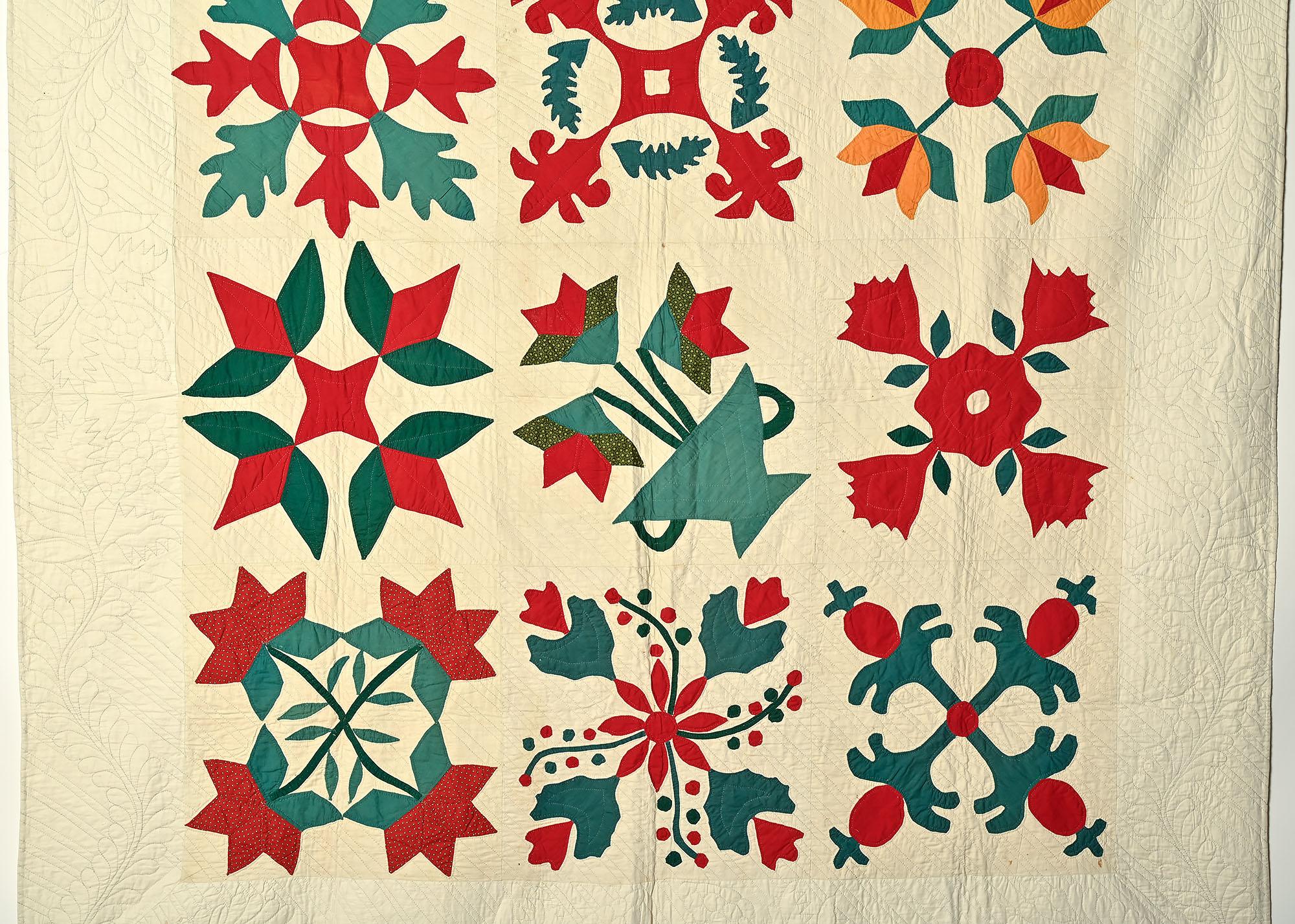 This Nine Block Sampler quilt is as bold as they come. Both the scale of the blocks and the use of solid colors make this a standout. The quilt is in excellent, unwashed condition. Pencil marks are still in evidence. There are two very slight