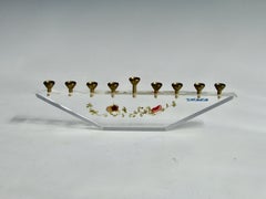 Nine Candle Modernist Menorah Set in Lucite Stand with Dried Floral Decoration