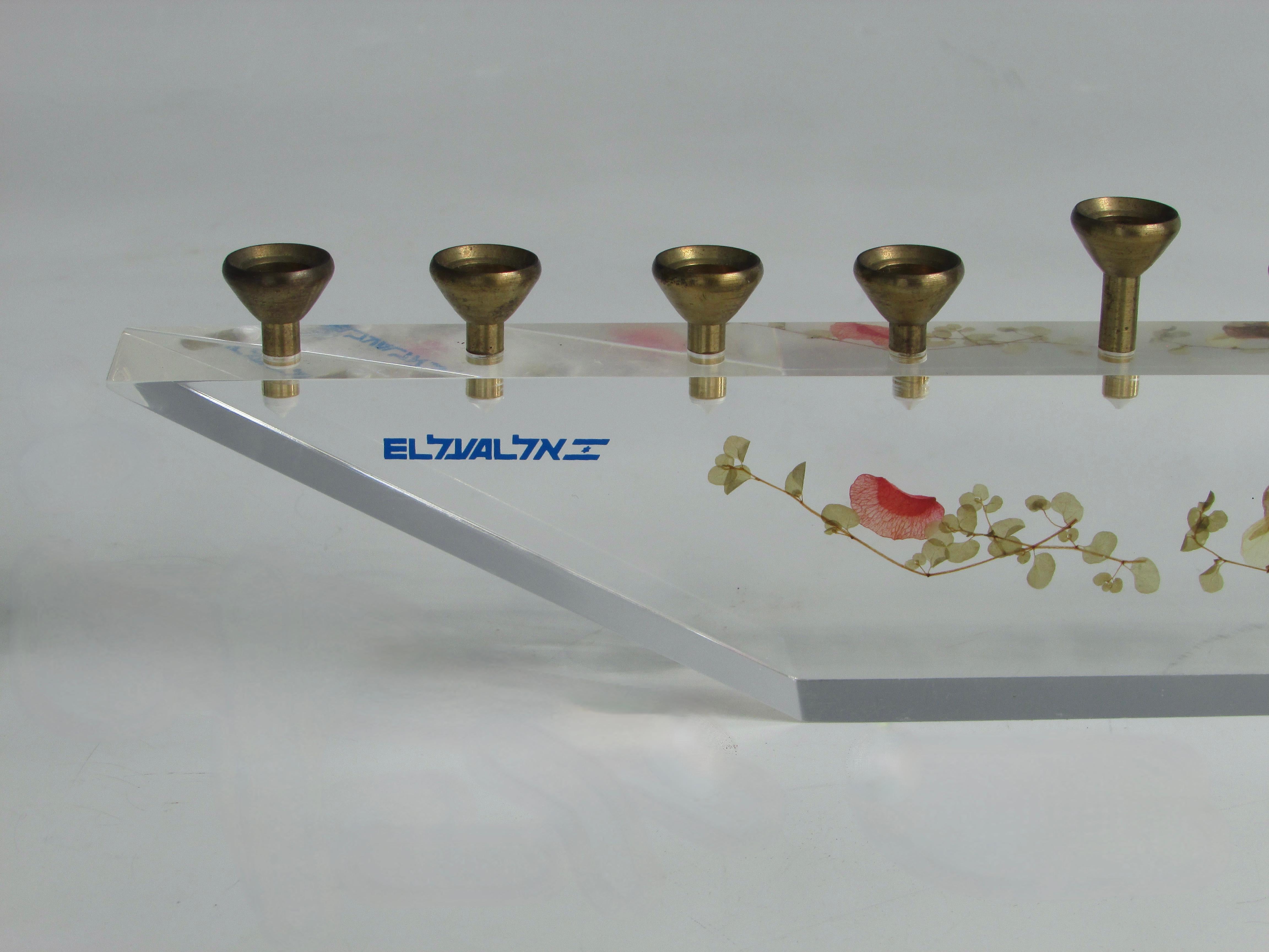 Mid-Century Modern Nine Candle Modernist Menorah Set in Lucite Stand with Dried Floral Decoration For Sale