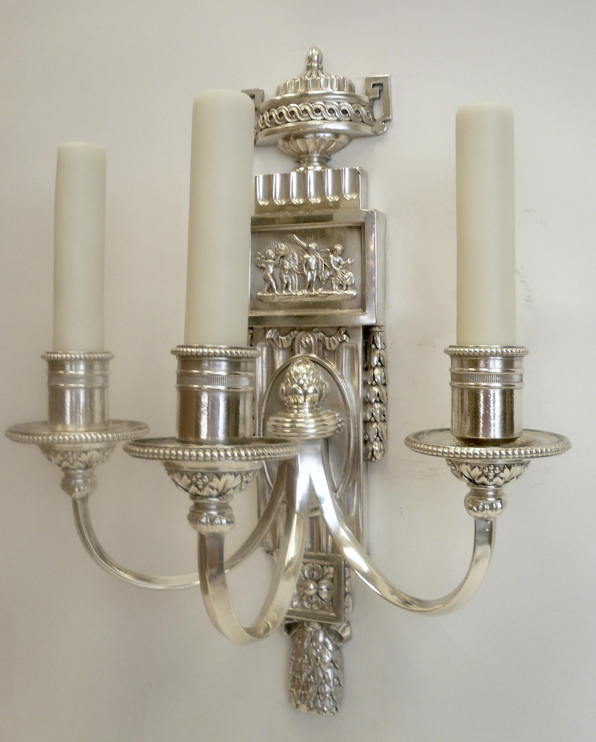 American Eight E. F. Caldwell Silvered Bronze Neoclassical Sconces