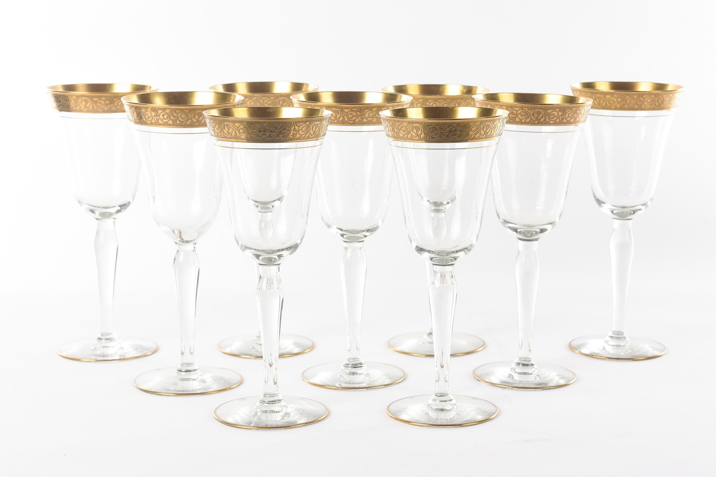Nine Elegant Gold Trimmed Vintage Goblets, Tall, circa 1960 In Good Condition In West Palm Beach, FL