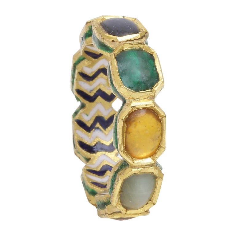 Nine Gems Eternity Band in 18 Karat Yellow Gold with Enamel For Sale at