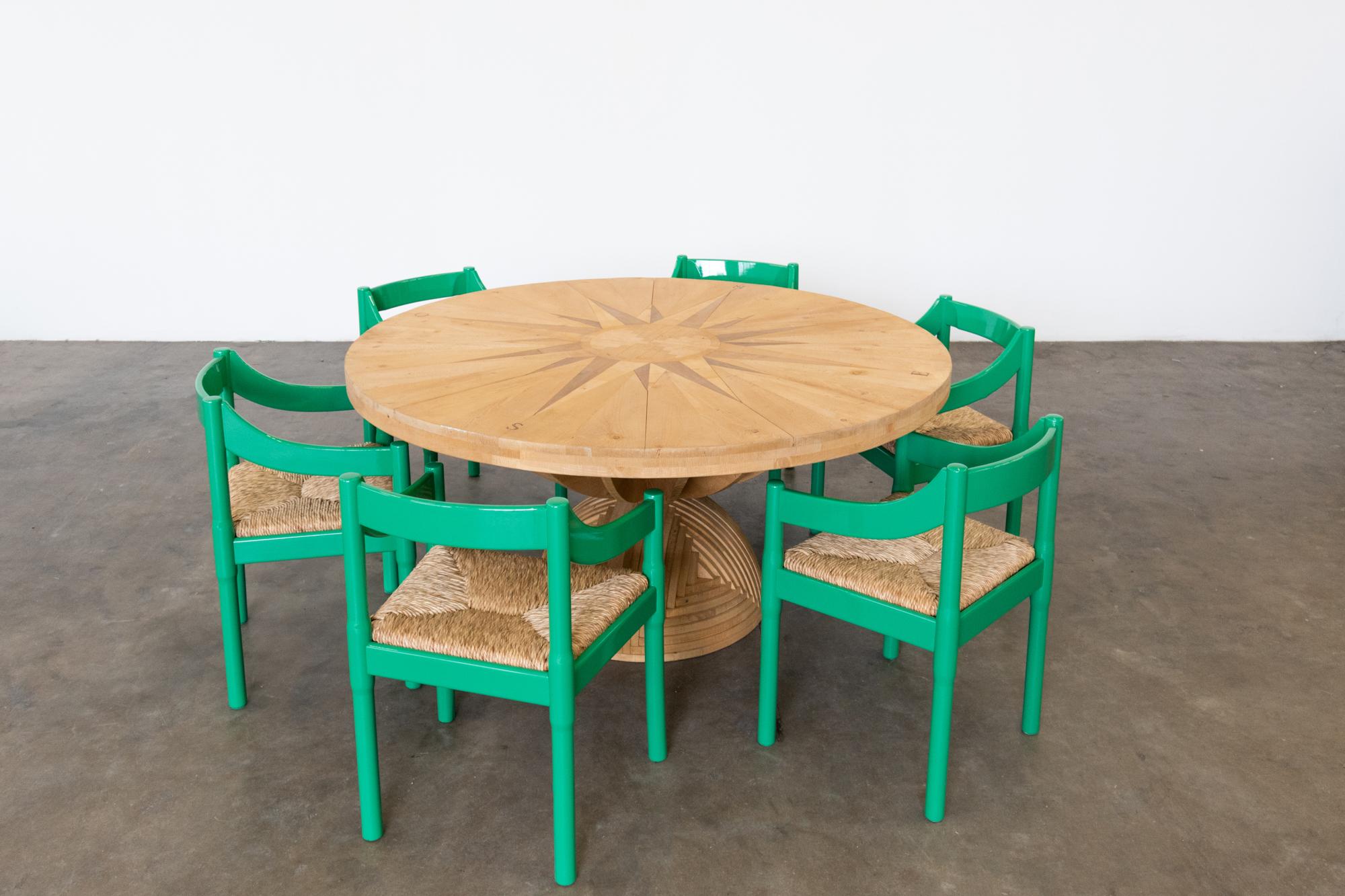 Nine Green Laquered Wood Carimate Chairs by Vico Magistretti For Sale 5