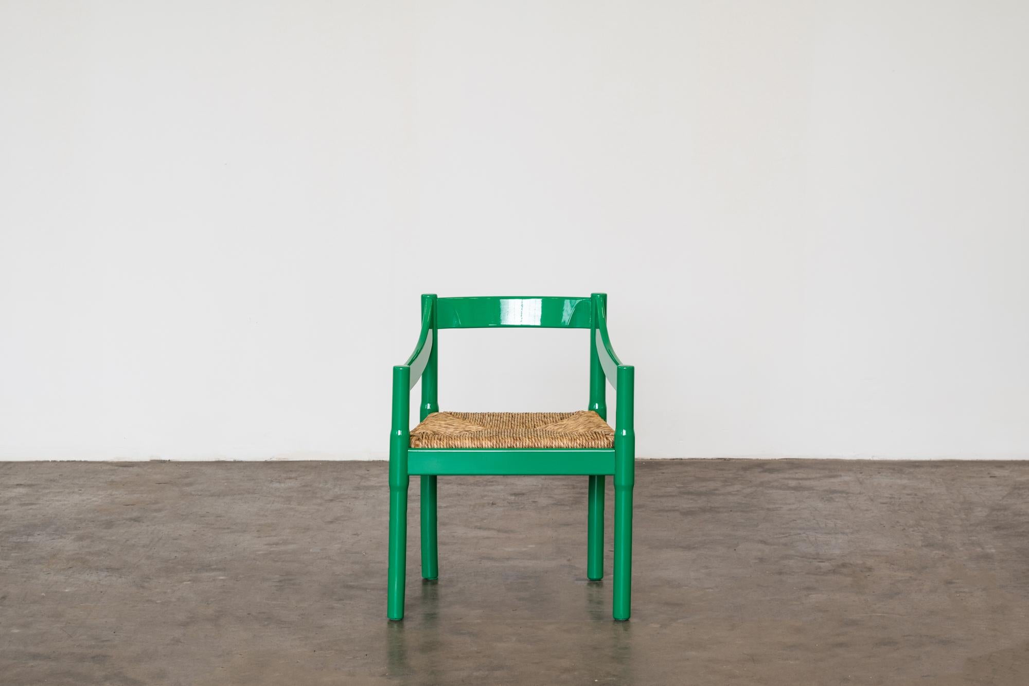 Woven Nine Green Laquered Wood Carimate Chairs by Vico Magistretti For Sale