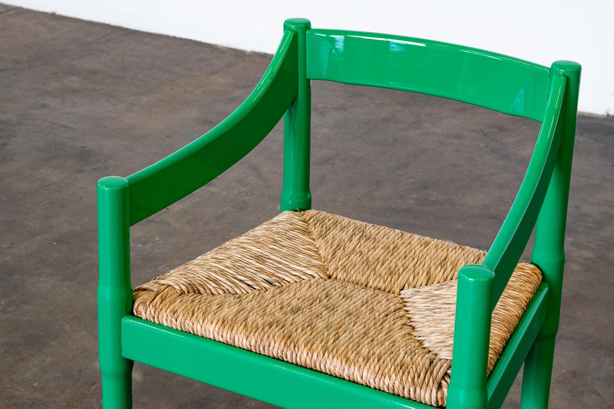 Straw Nine Green Laquered Wood Carimate Chairs by Vico Magistretti For Sale