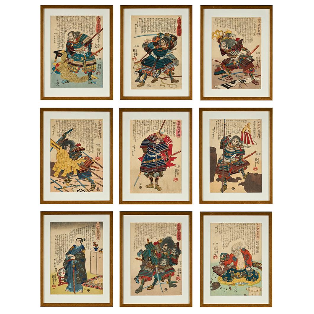 Neun japanische Farbholzschnitte von Utagawa Kuniyoshi im Angebot