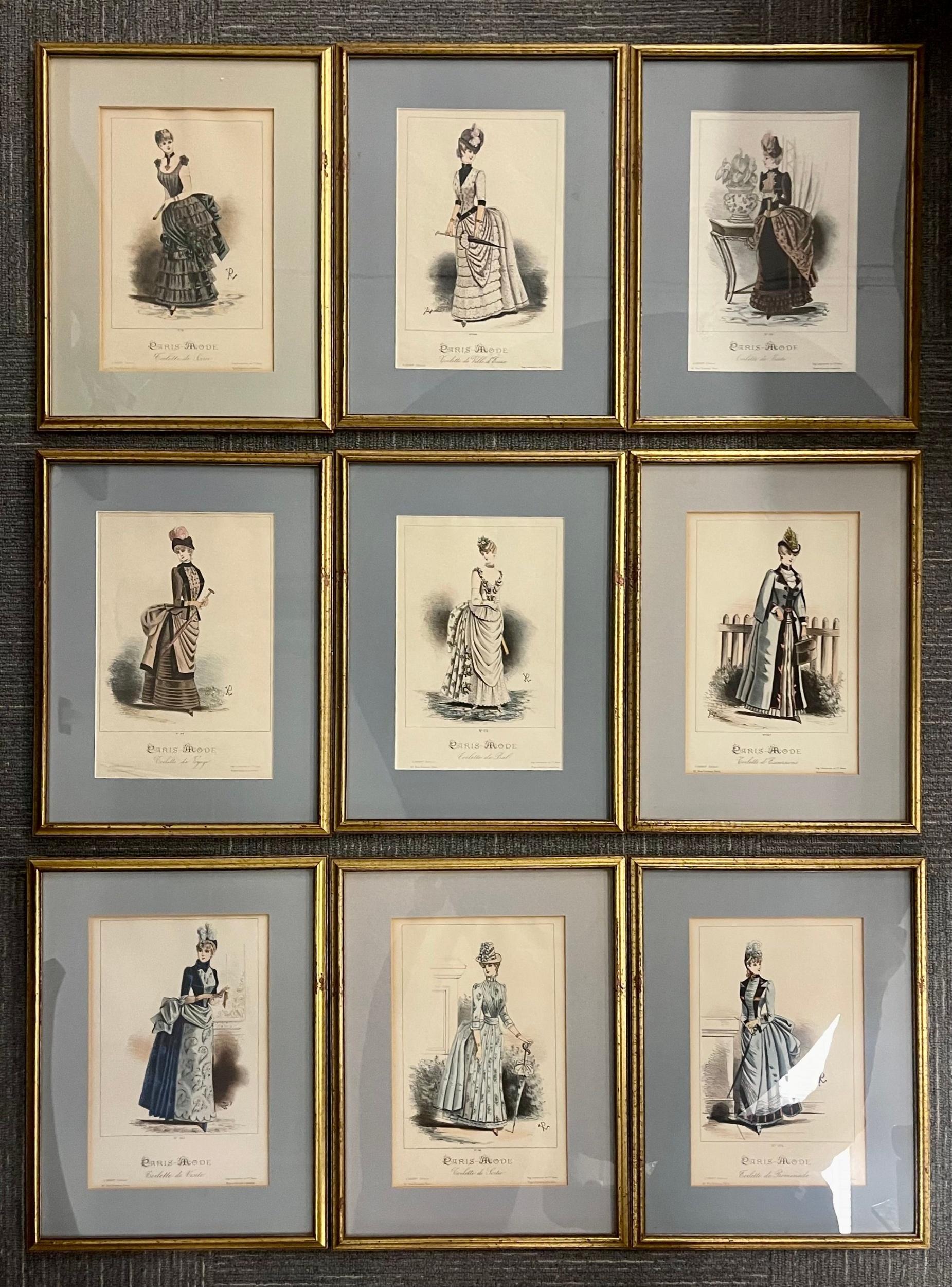 A set of nine lemercier and cie plates each in a gilt frame, matted. Previous sold as a set of twelve in Christies NYC. See below.

Provenance Christies NYC Sale 1495 April 05, 2005 Lot 214
Lemercier & Cie [Publishers]
Paris-mode: twelve