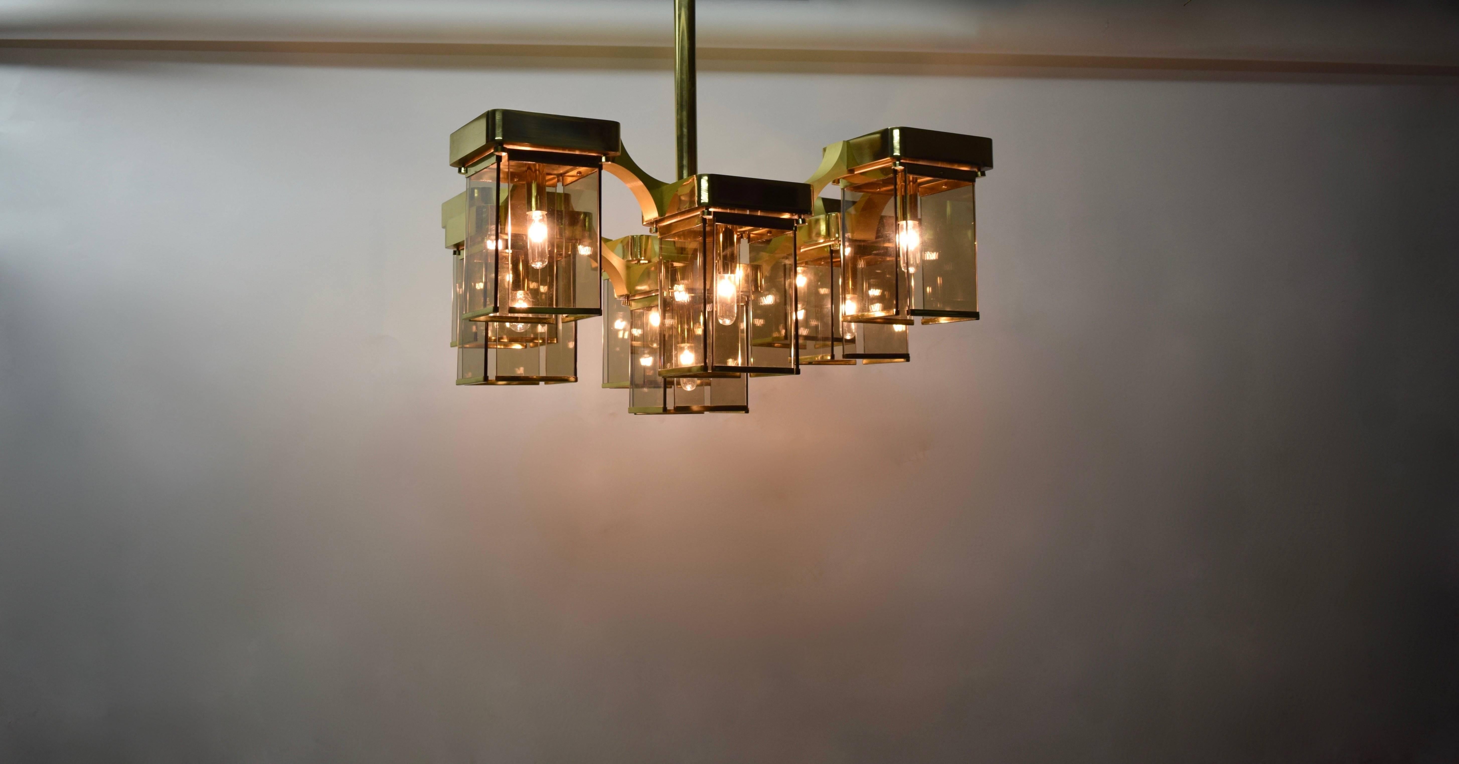 Brass and Smoked Glass Ceiling Fixture with 9 Lights by Sciolari, Italy 1960s For Sale 3