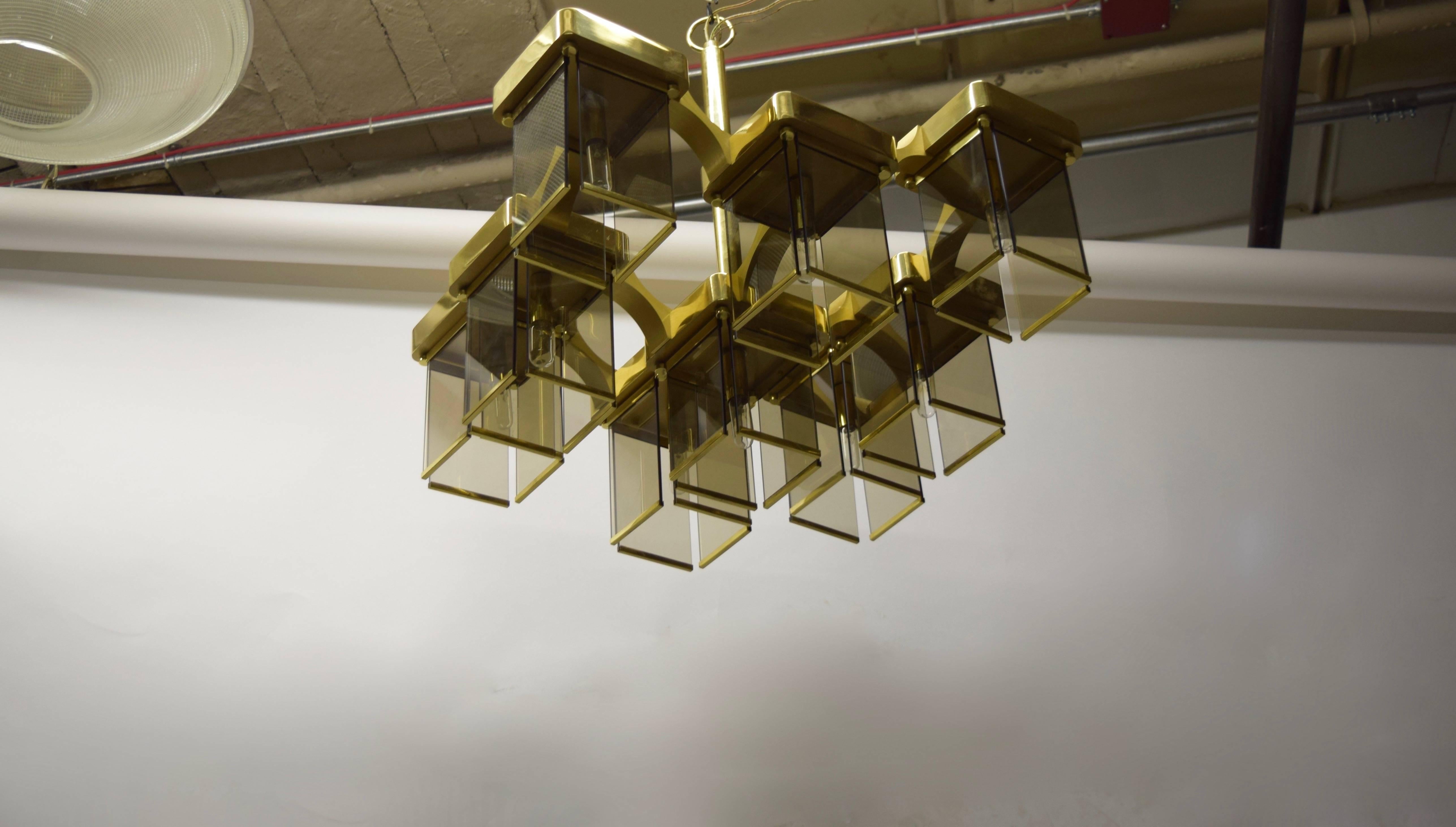 Mid-Century Modern Brass and Smoked Glass Ceiling Fixture with 9 Lights by Sciolari, Italy 1960s For Sale