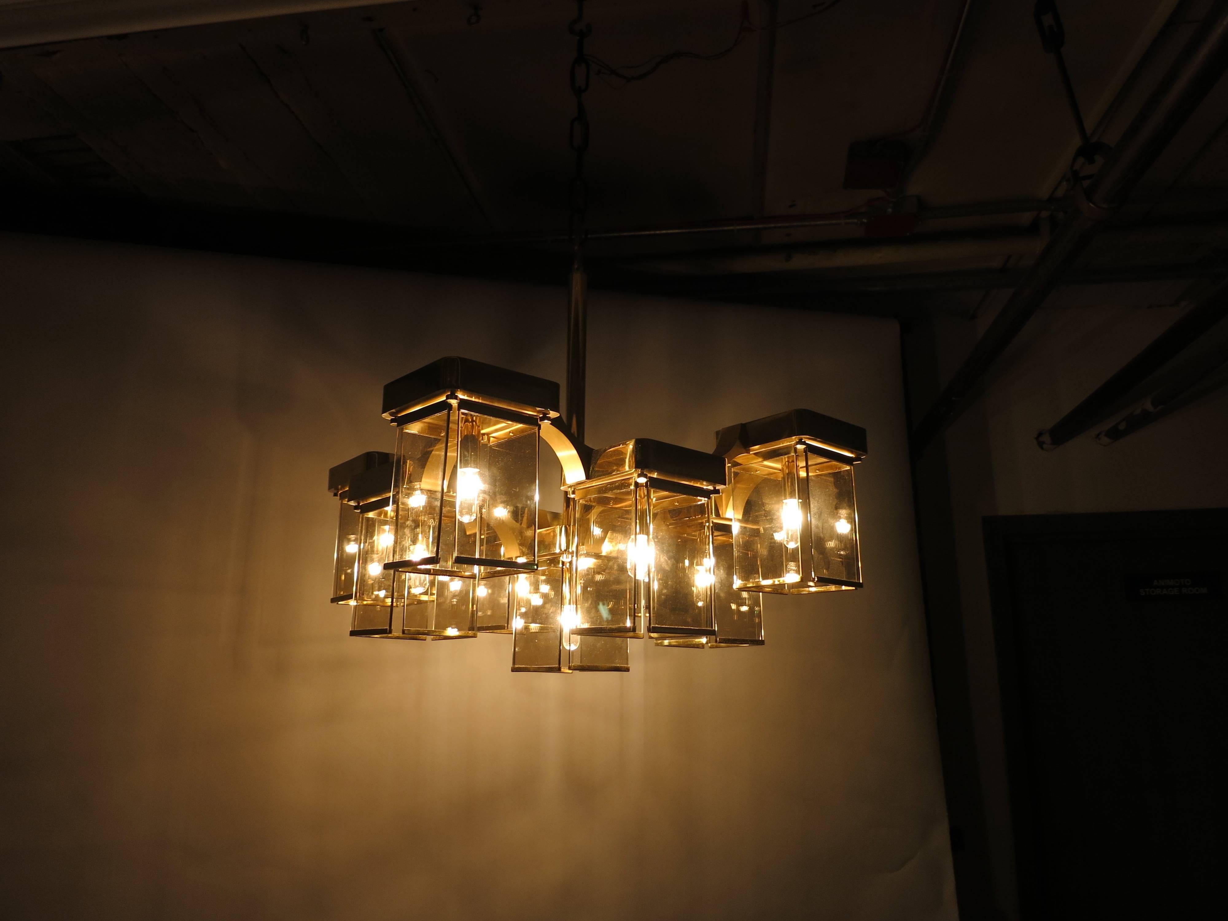 Italian Brass and Smoked Glass Ceiling Fixture with 9 Lights by Sciolari, Italy 1960s For Sale
