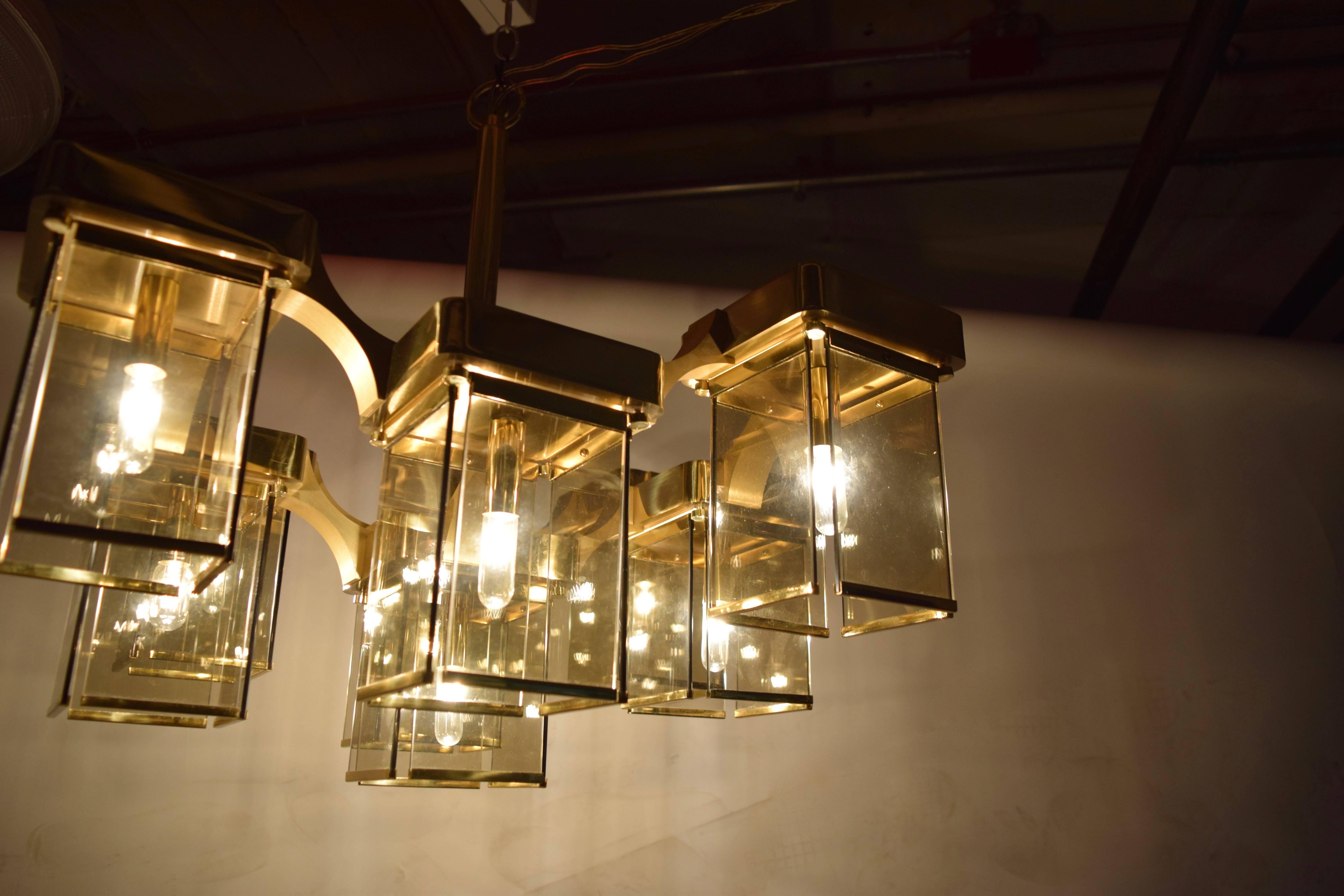 Late 20th Century Brass and Smoked Glass Ceiling Fixture with 9 Lights by Sciolari, Italy 1960s For Sale