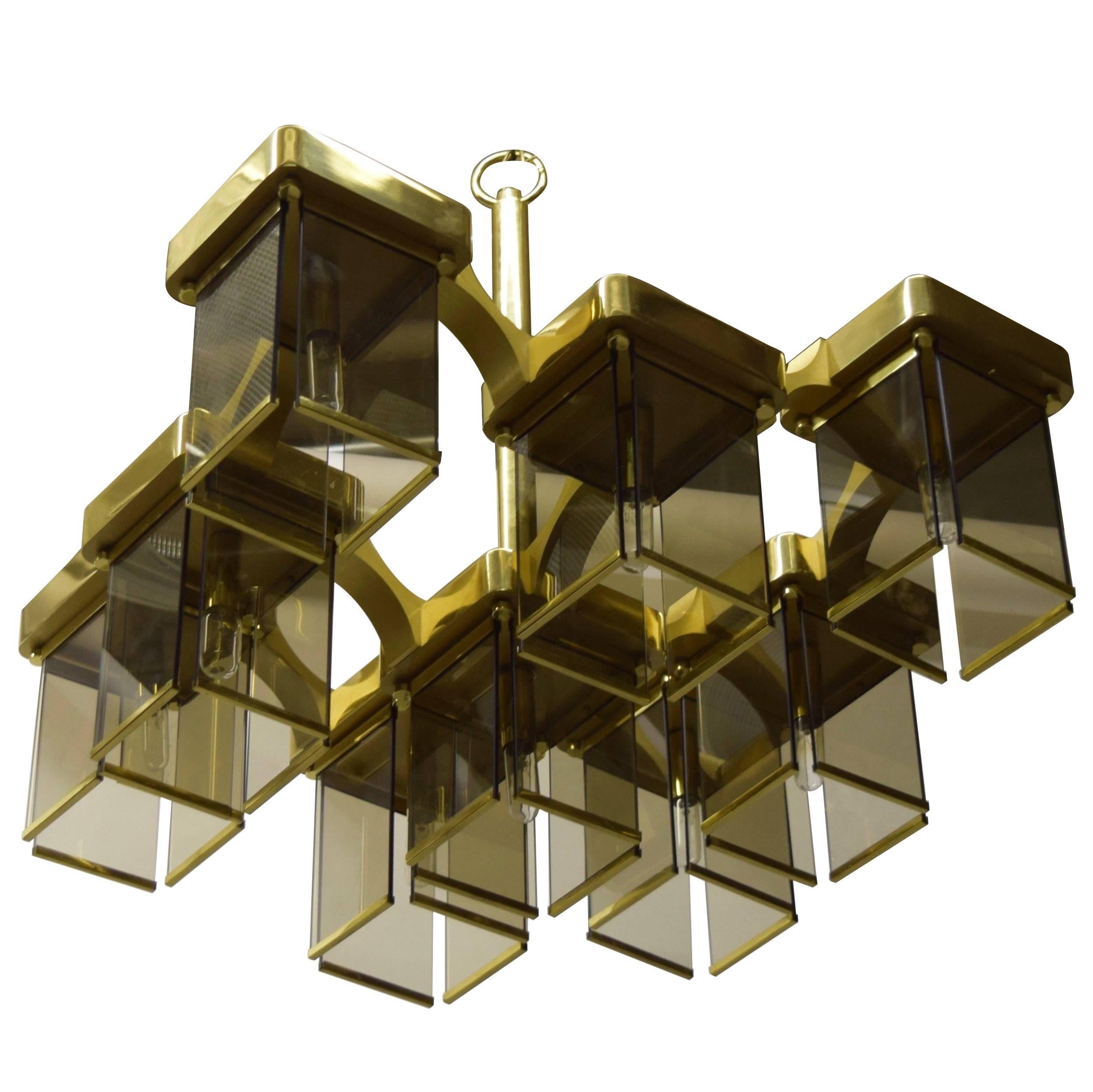 Brass and Smoked Glass Ceiling Fixture with 9 Lights by Sciolari, Italy 1960s For Sale