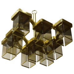 Plafón de latón y cristal ahumado con 9 luces by Sciolari, Italia Años 60