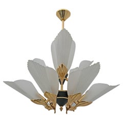 Nine-light Chandelier Brass and Acid-etched Glass by F. Fabbian, 1980s