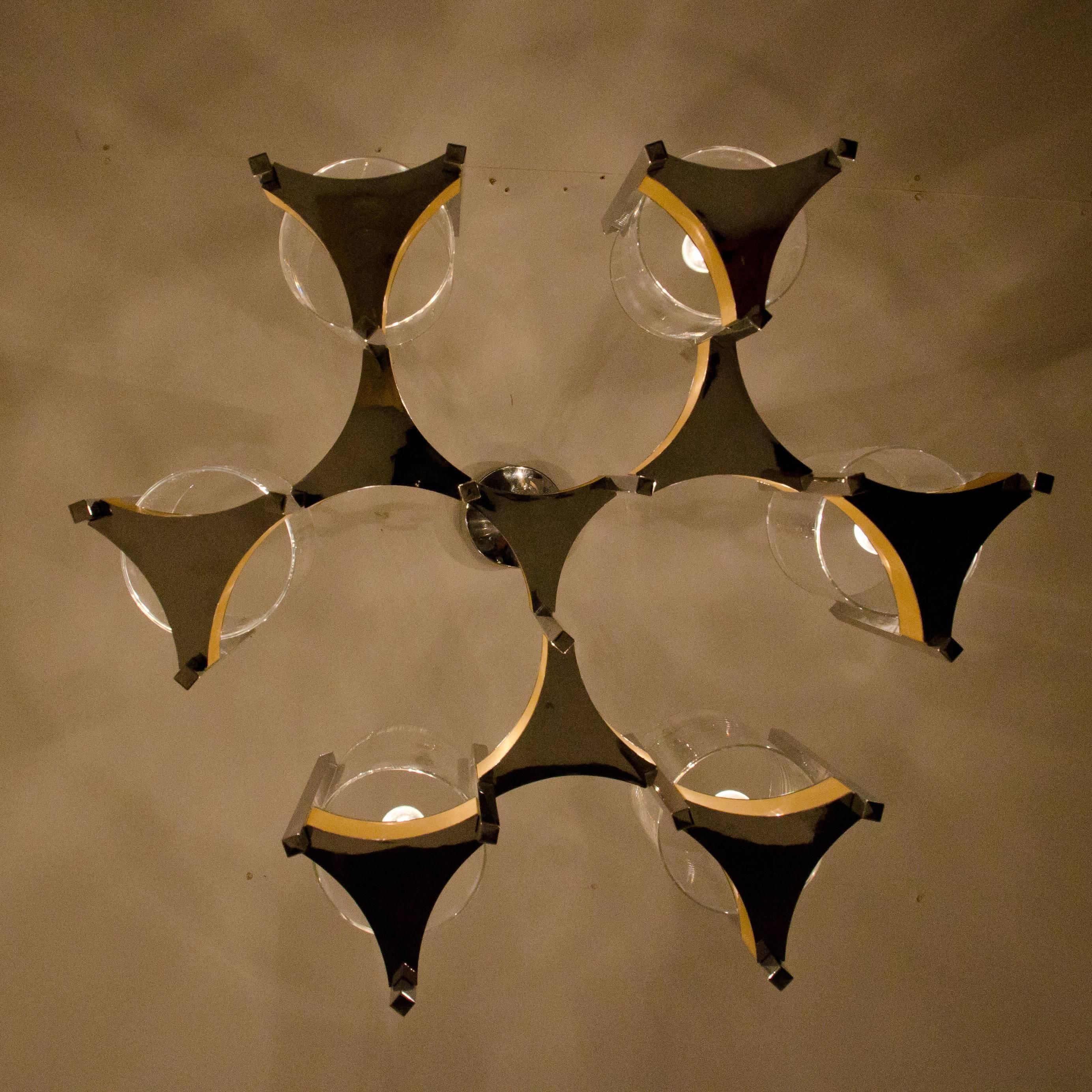 Brass Nine-Light Chrome and Glass Chandelier by Gaetano Sciolari, 1960s For Sale