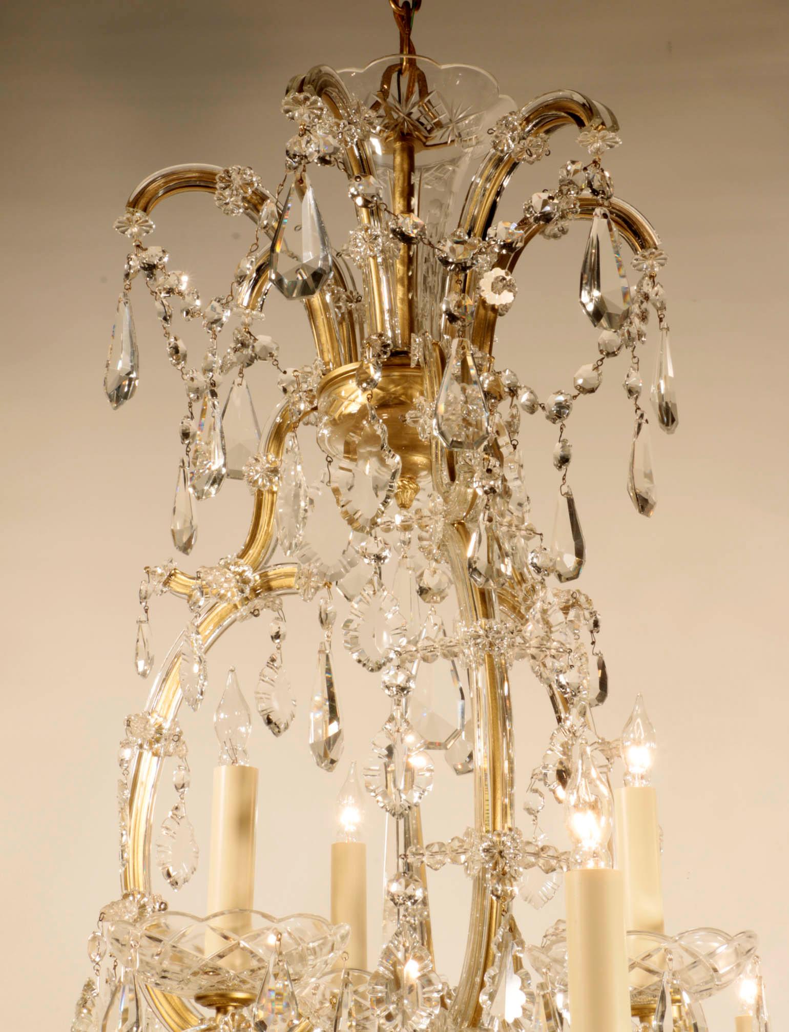 Patinated Nine Light Marie-Therese Style Crystal and Bronze Chandelier