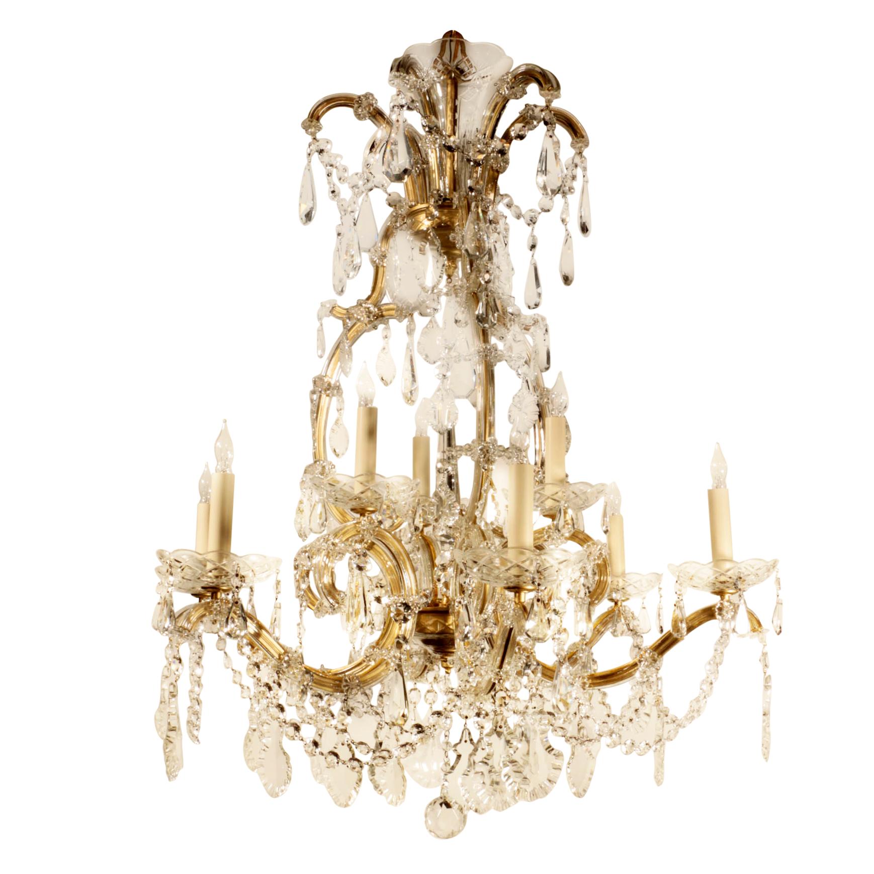Nine Light Marie-Therese Style Crystal and Bronze Chandelier