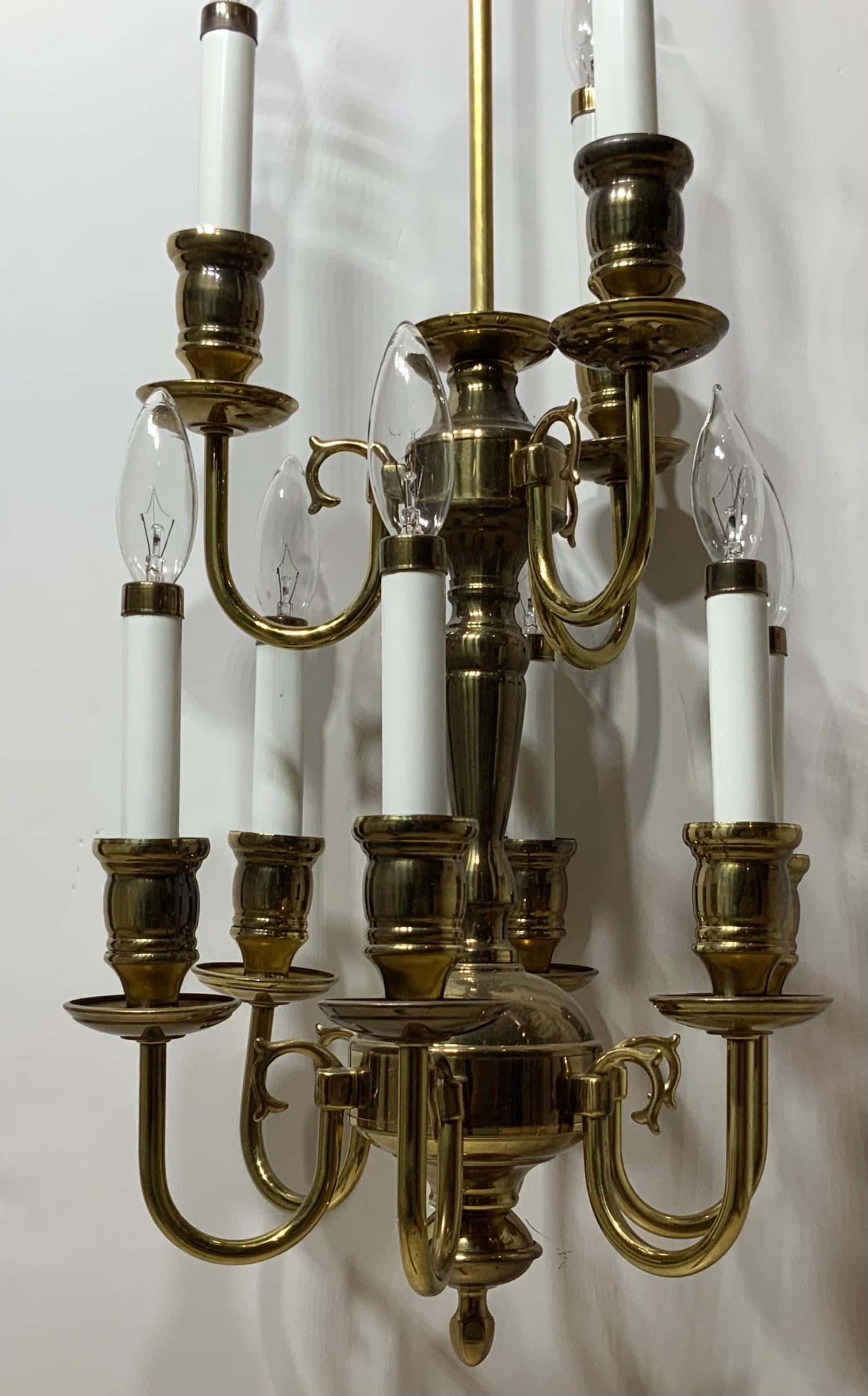 Nine-Light Brass Hanging Chandelier For Sale 5