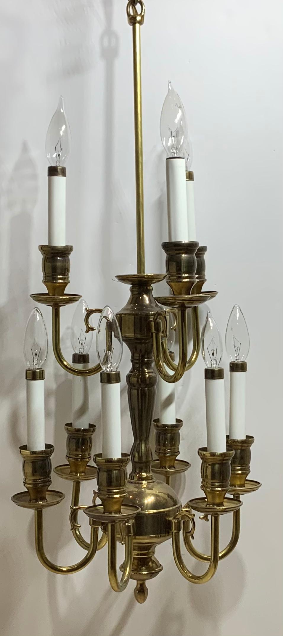 Nine-Light Brass Hanging Chandelier For Sale 7