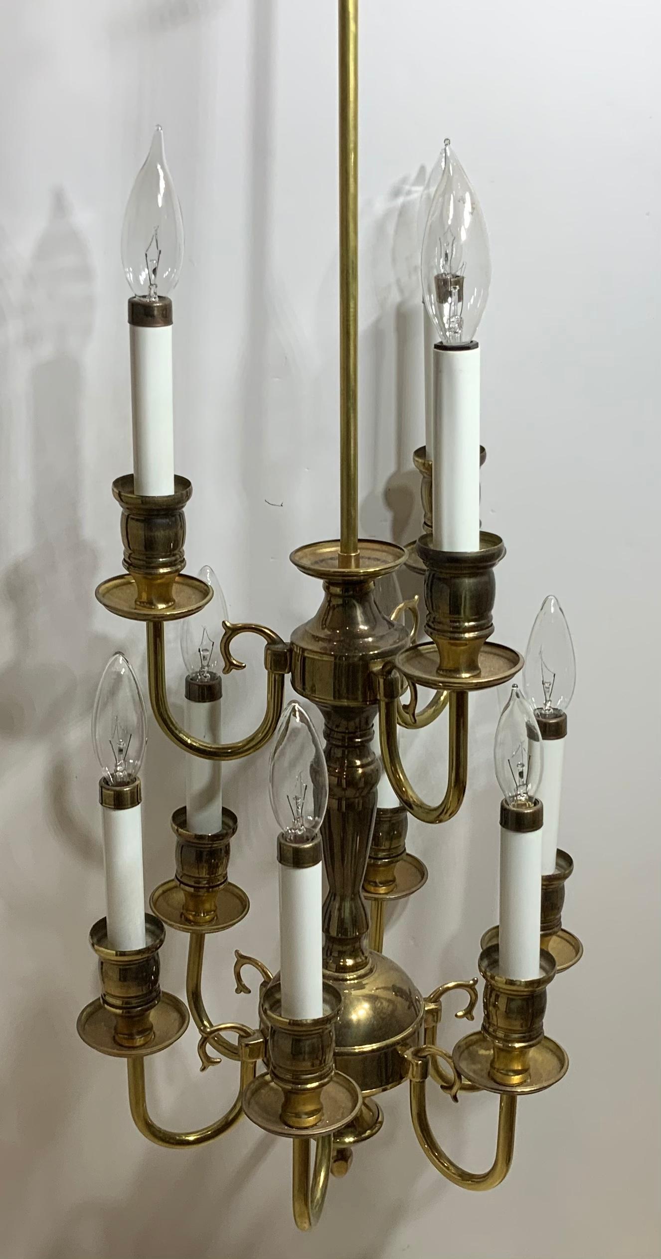 Nine-Light Brass Hanging Chandelier For Sale 8